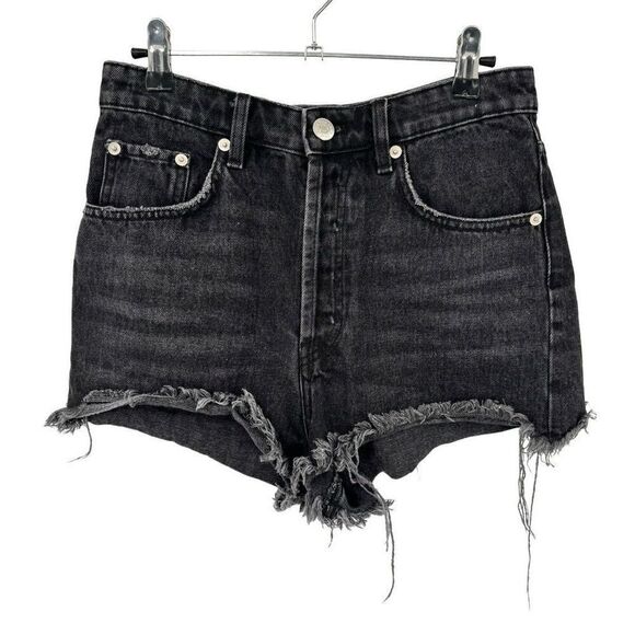Zara Frayed High Rise Distressed Button Fly Jean Shorts Black Size 4 - Picture 1 of 4